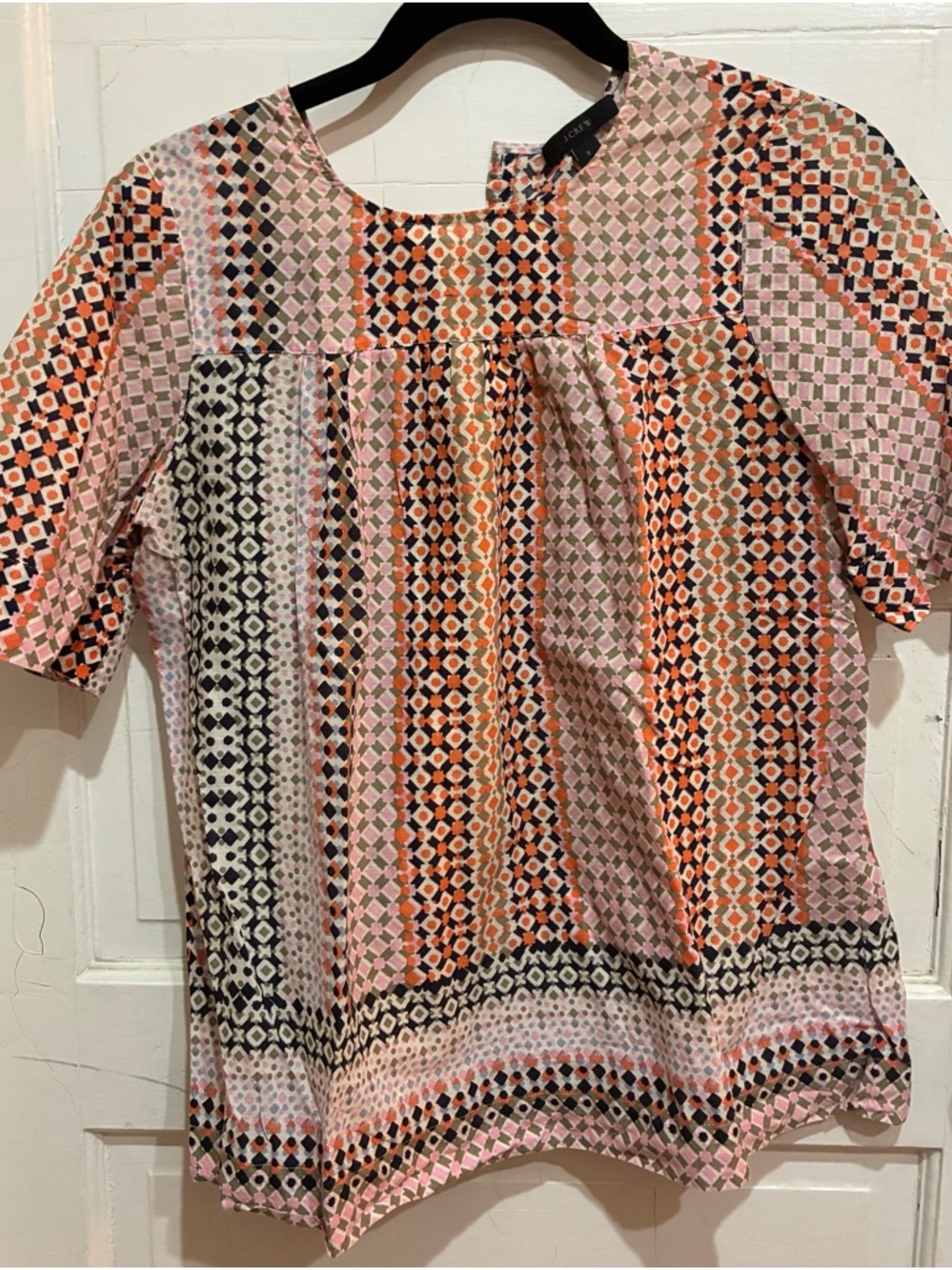 J CREW top, babydoll style, colorful geometric orange/ pink/ navy cotton print
